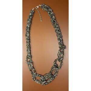 Vintage Mesh Woven Braided Silver Tone Necklace With Black Beads 25-27 In Long